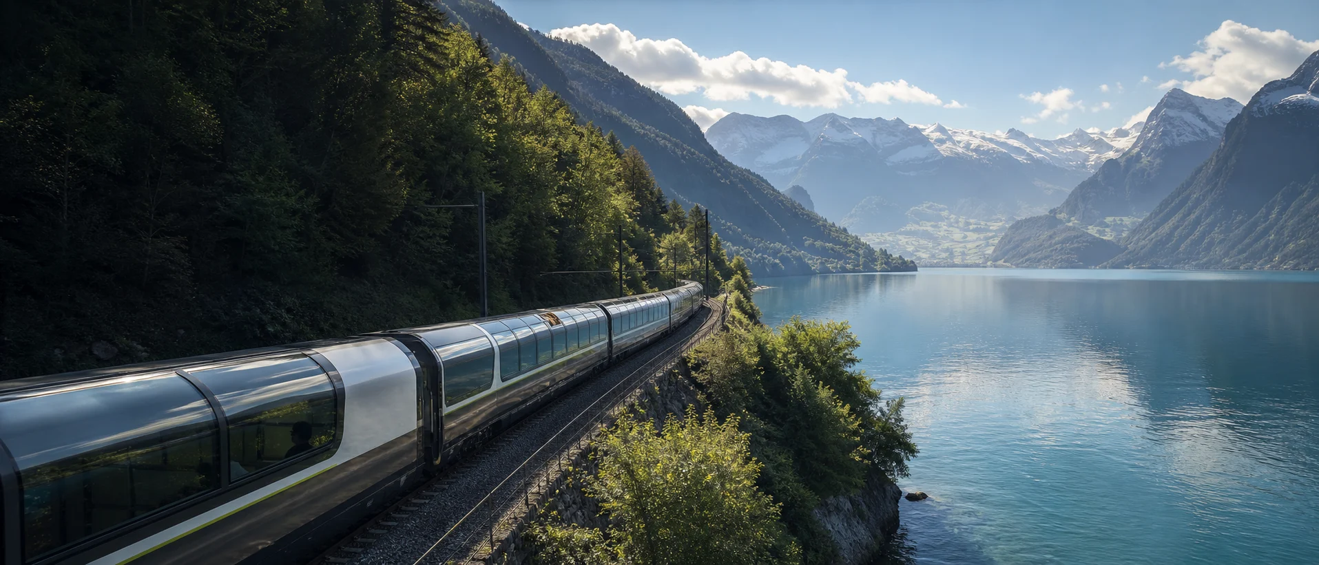 A panoramic train following a clear blue alpine lake beneath high mountains